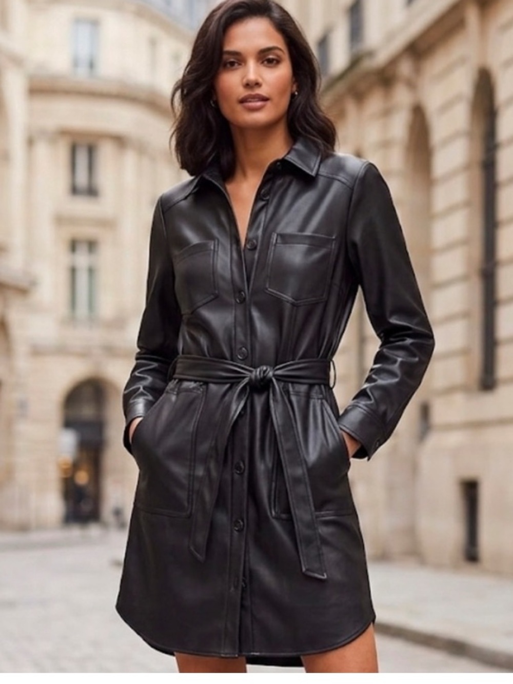 LOFT Black Faux Leather Belted Shirt Jacket Dress